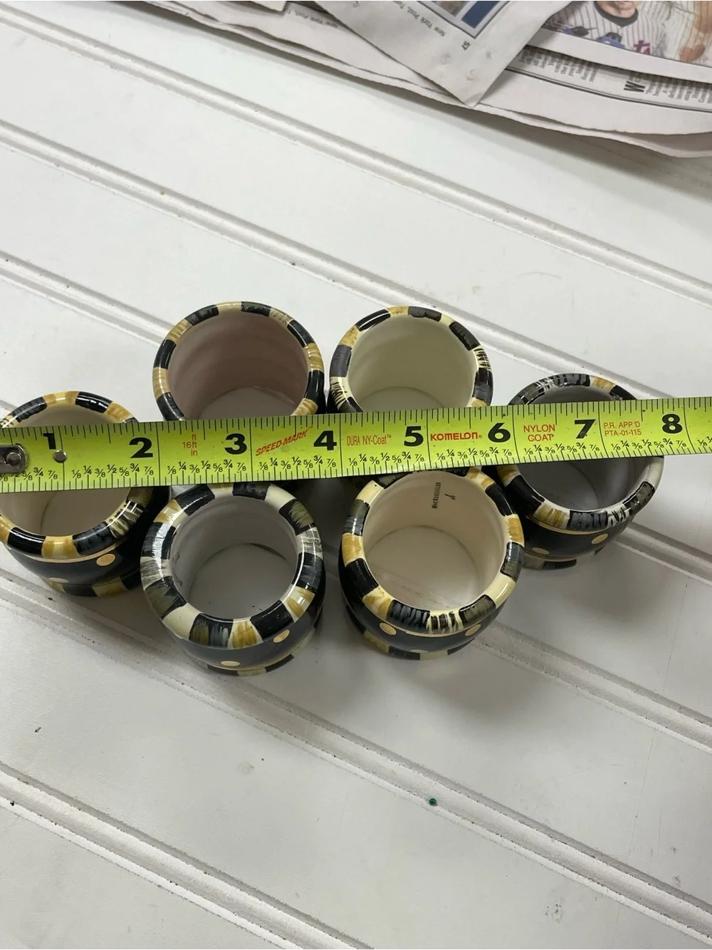 Set of 6 MacKenzie-Childs Courtly Stripe Ceramic Napkin Rings Gold Dot